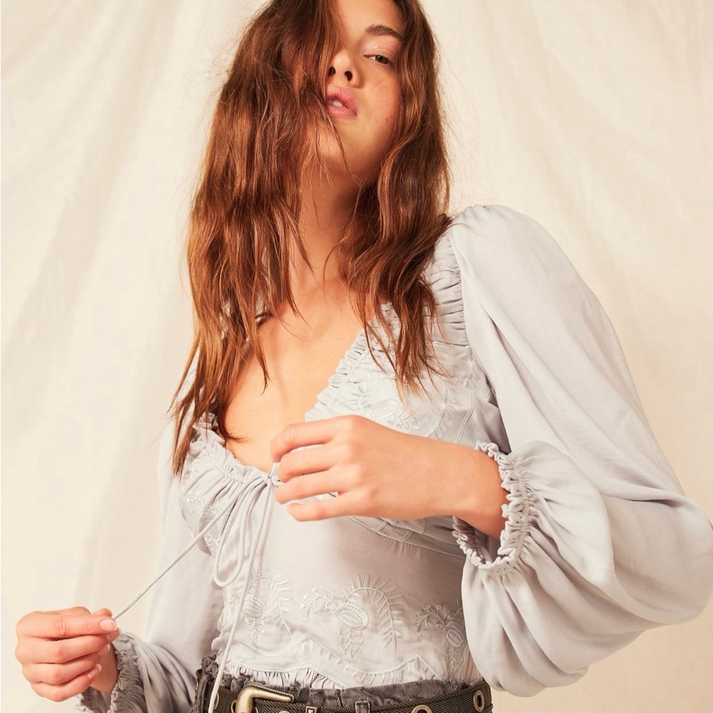 Free People NWT Rare find, Embroidered Tie Front Blouse Ice Blue Boho Ruched Top